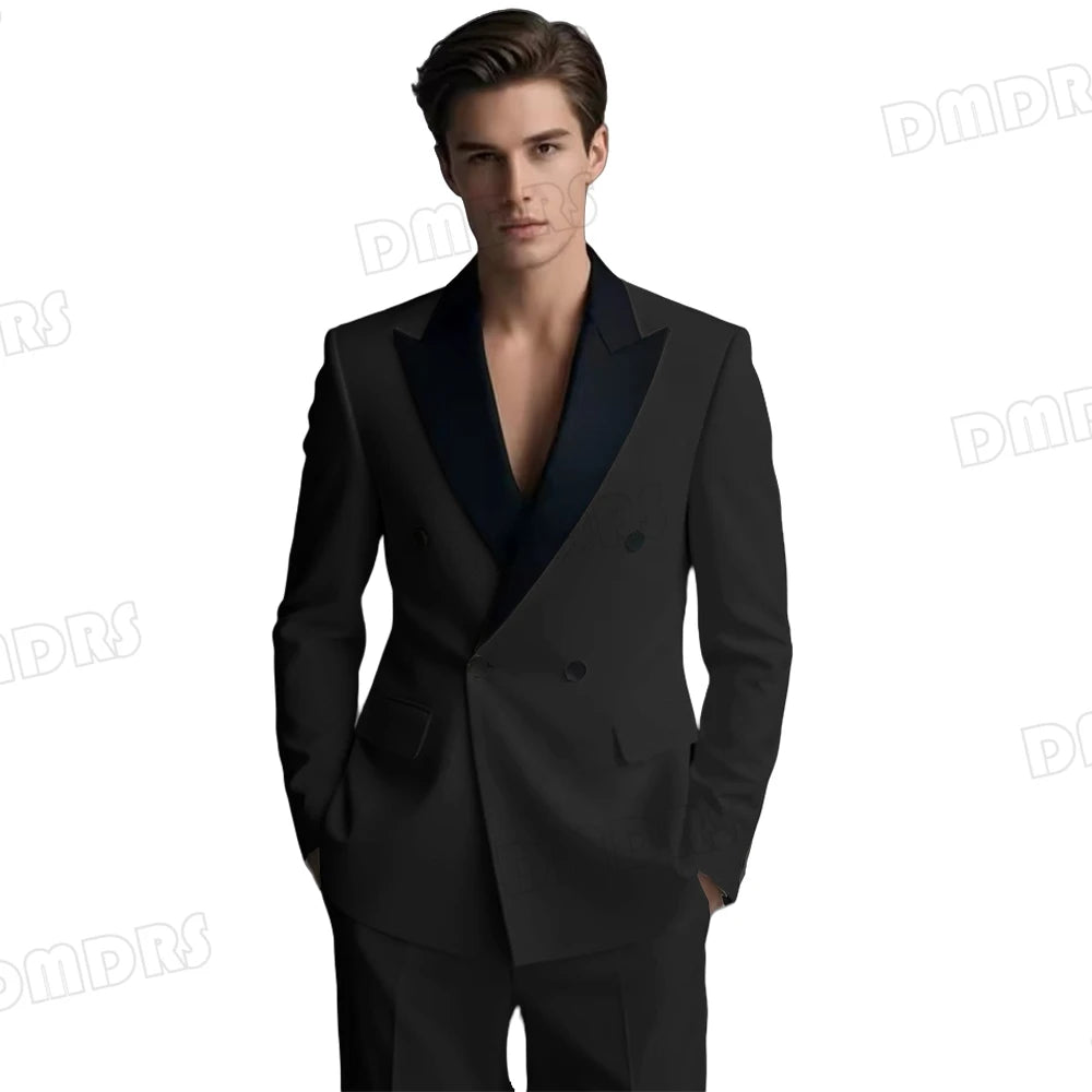 Slim Fitting White Suit Set for Men, Black Collar, 2 Pieces Formal Suits, Wedding Tuxedo, Customized Colors Blazer and Pant Set
