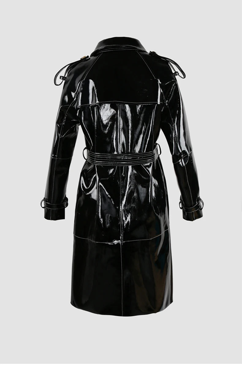 Nerazzurri Autumn Long Shiny Black Red Patent Pu Leather Trench Coat for Women Belt Double Breasted Luxury Designer Clothes 2023
