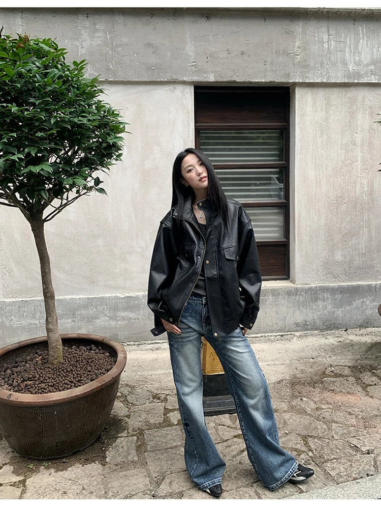 Lautaro Spring Winter Cool Oversized Thicken Warm Black Hard Pu Leather Jacket Women Long Sleeve High Quality American Clothing
