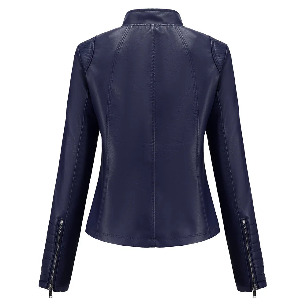 2026 Women's Bright Red V-neck Leather Jacket, Fashion Slim PU Coat, Black Short Outerwear Asia Size XS S M L XL XXL