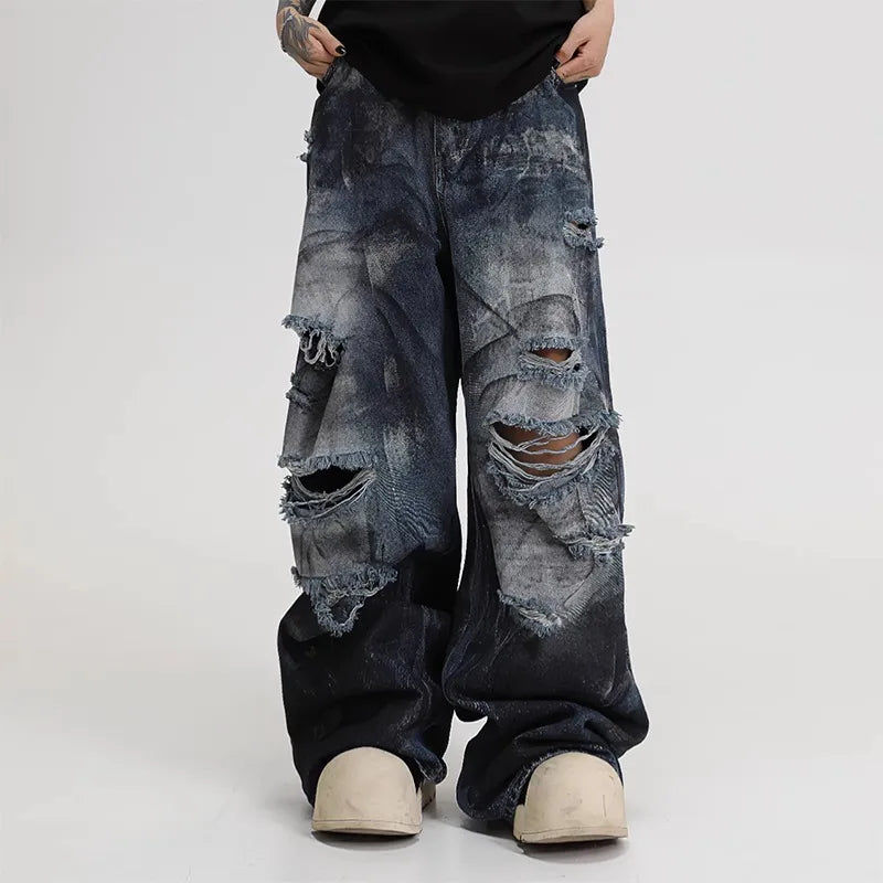 American High Street Spray Ripped Wide Leg Jeans Men Women Summer 2025 New Style Hip Hop Casual Wear Resistant Cotton Stretch...