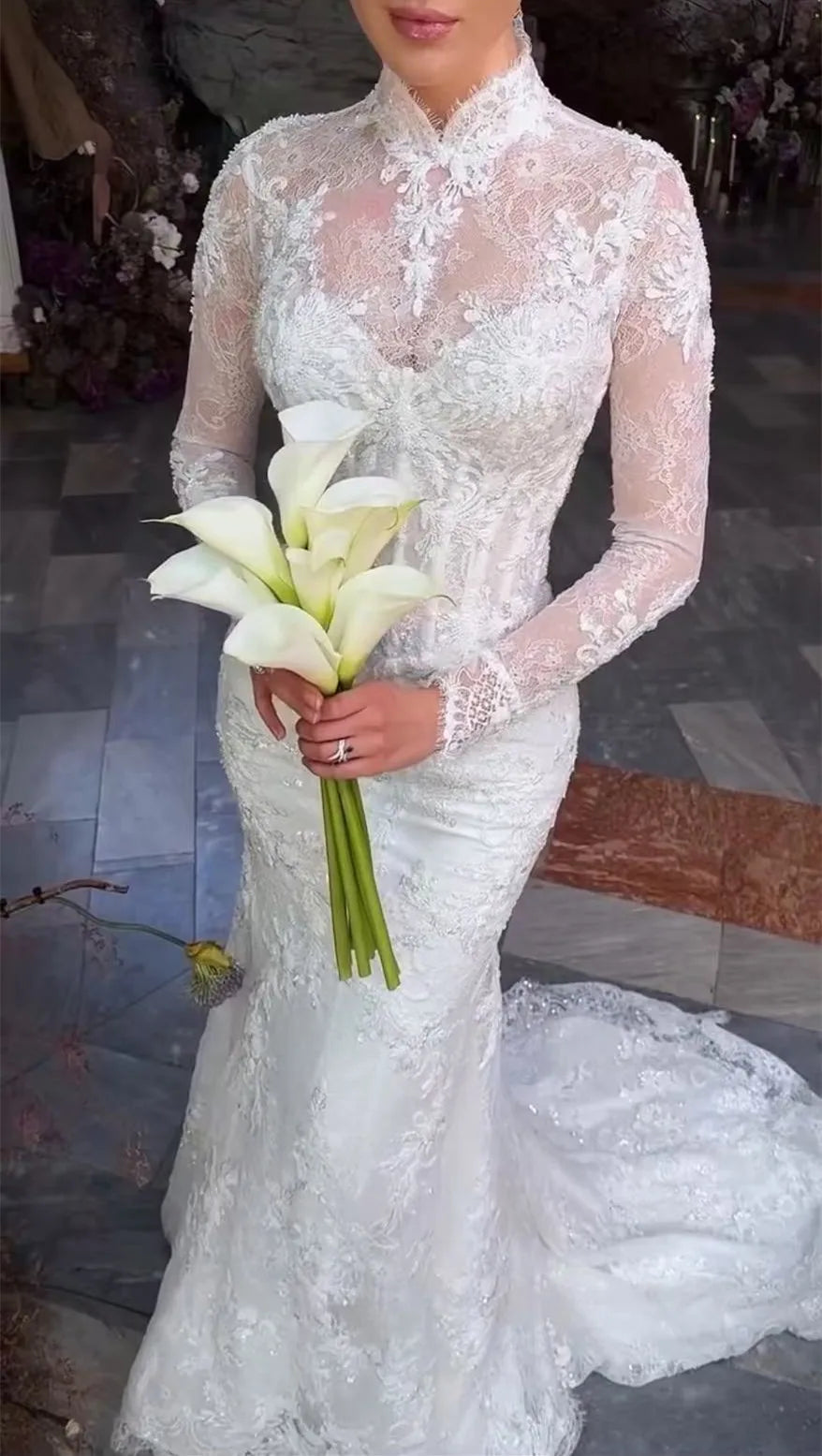 Luxury Lace applique Mermaid Wedding Dresses For Woman Long sleeves Bride Dress Detachable Train High Neck Vestidos De Novias