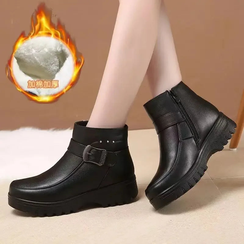2024 Fashion Winter Women Pu Leather Ankle Boots Female Thick Plush Warm Snow Boots Mother Waterproof Non-slip Booties