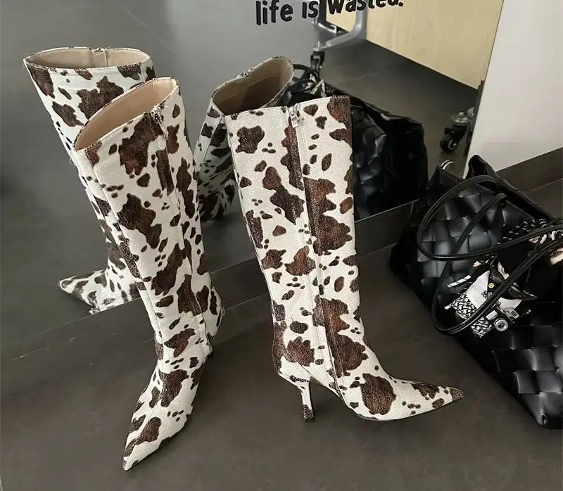 ZAROY Stiletto Heel Knee High Boots Brand Designer Brown Cow Print Pointed Toe Zipper Runway Banquet Dress High Botas сапоги