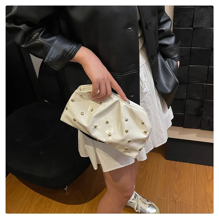 Simple Versatile Clip Evening Handbags for Women Solid Color Rivet Pleated Design Ladies Clutch Female Soft Pu Leather Purse