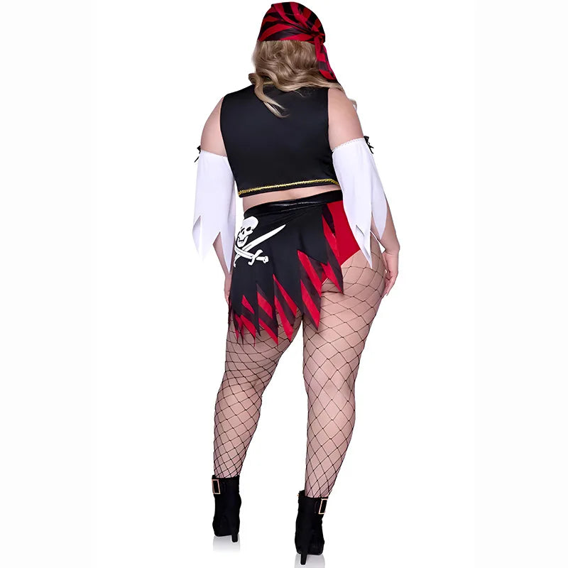 Plus Size Women Pirate Costume Full Set Crop Top Shorts Belt Headscarf Halloween Carnival Fancy Dress Female Buccaneer Cosplay