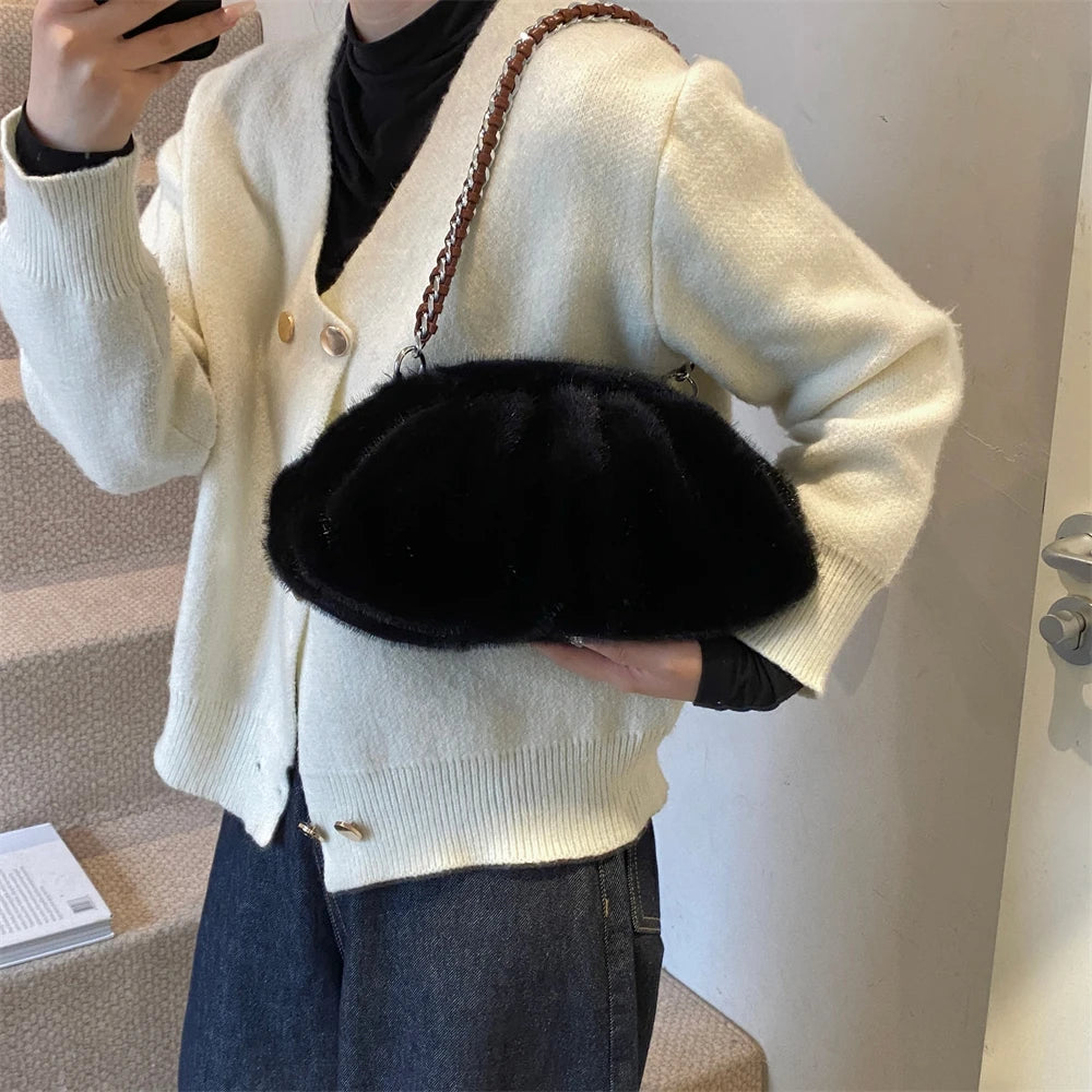 MOODS Pleated Design Faux Fur Shoulder Bags For Women 2024 Luxury Designer Purses And Handbags Winter Warm Soft Plush Hobo Bags