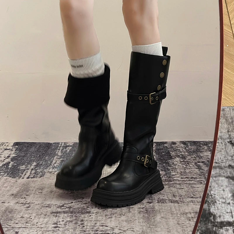Winter Vintage Platform Thick Sole Woman Knight High Boots Concise Belt Buckle Front zipper Shoes Ladies Slim Modern Long Botas