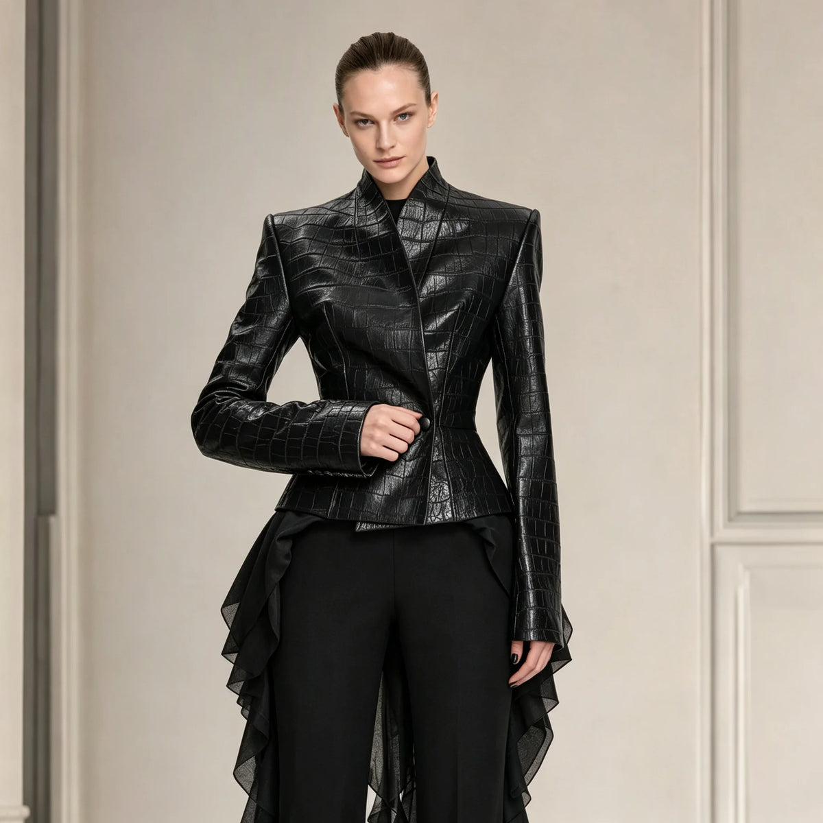 TOKO 2026 New Women V Neck Embossed Faux Leather Jacket Double Button Fitted Waist Long Sleeve Solid Black Slim Short