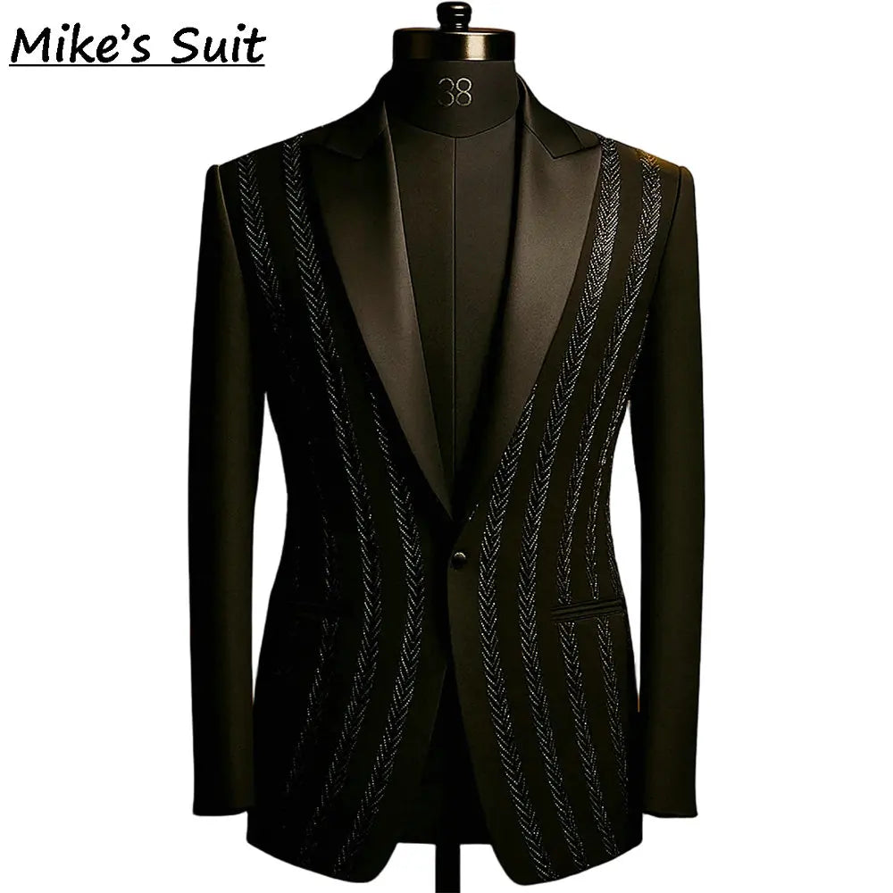 Black Leaflike Appliques Suits Men For Wedding Jacket Pants 2 Piece Man Suit Groom Tuxedos Customized Male Fashion Party Outfits