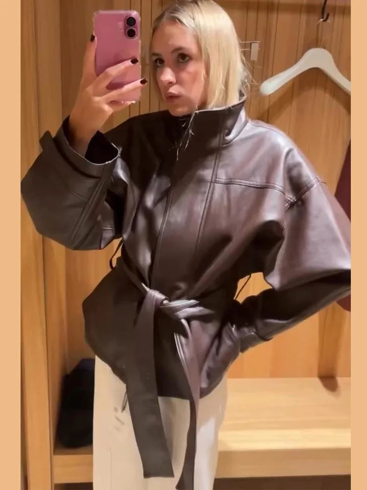 Faux Leather Jacket Stand Collar Winderbreaker Woman Waist Tie Belt Coat Long Sleeve Loose PU Leather Coat Street Wear Clothes