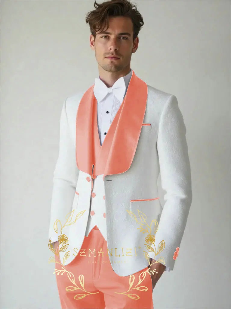 White Floral Wedding Men's 3-piece Suit Set (Jacket Pants Vest) Groom Tuxedo Formal Blazer Elegant Groomsmen Suit for Men