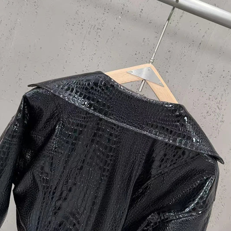 KUCLUT 2026 Autumn New Fashion Shiny Pattern PU Leather Motorcycle Style Short Jacket For Women Suit Collar Zipper Coat 1A4441