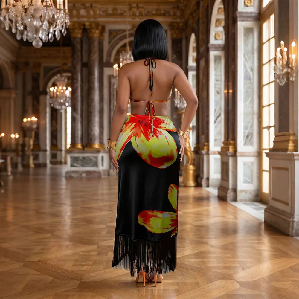 V Neck Floral Fringe Dress Sexy Party Bodycon Fashion Evening Dresses Women 2026 Summer Halter Elegant Luxury Maxi Dresses