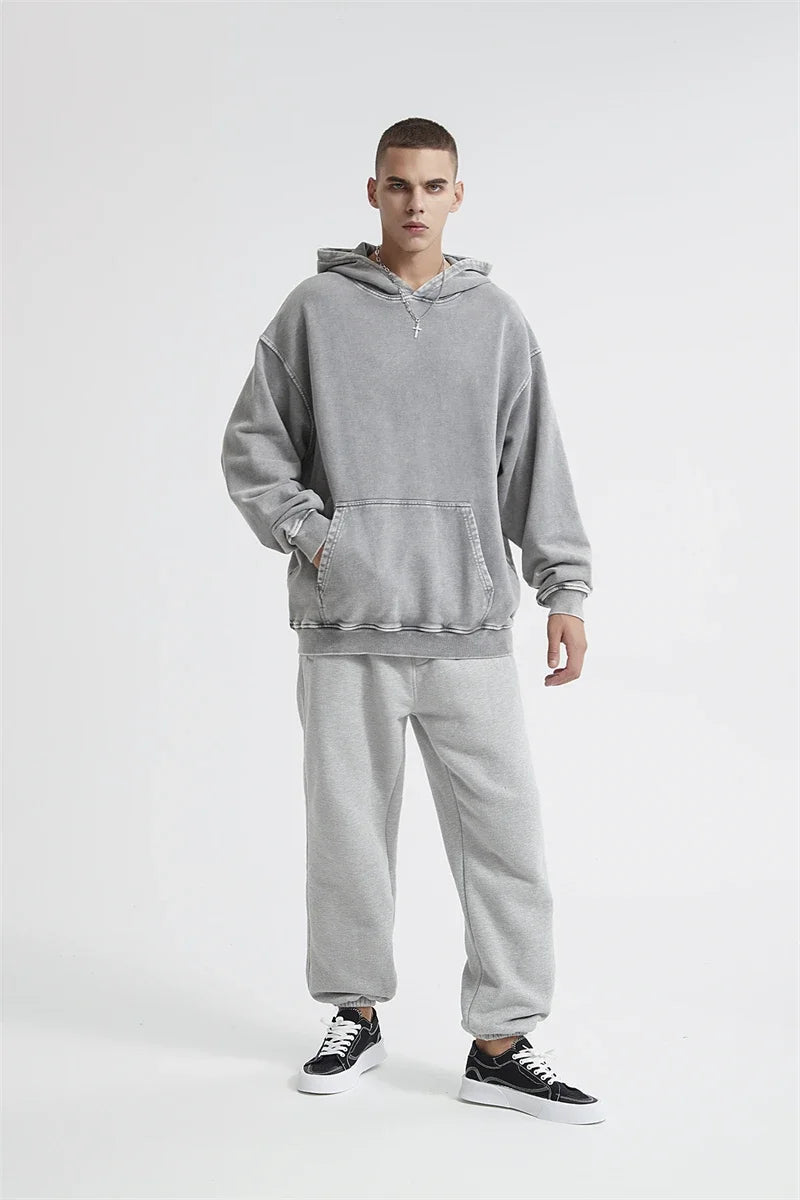 2024 Autumn Winter Men 420gsm Hoodies Streetwears High Street Heavy Weight Washed Cotton Sweatshirts Brand Tracksuit