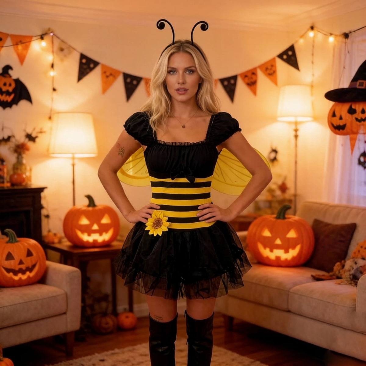 Women Bubble Bee Costume Striped Mini Tulle Dress Wings and Antenna Headband Set of 3 for Halloween Cosplay Party