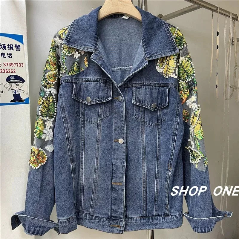 European and American style heavy industry embroidery splicing denim jacket 2025 new print loose casual denim women's jacket top