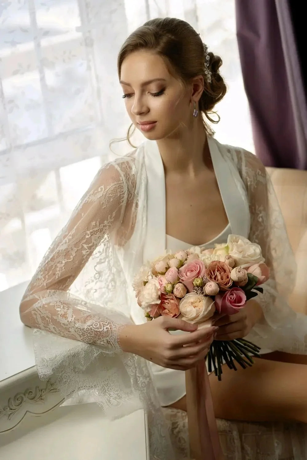2 Pieces Wedding Robe Dress Customized Beach Full Lace Sexy Bridal Gowns for Photoshoot Night Gown