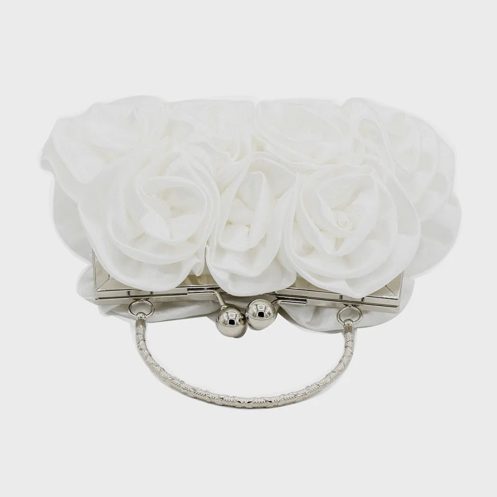 Satin Flower Clutch Bags For Women Banquet Party Evening Bags Metal Handbags Retro Blue Silver Black Chain Shoulder Bag female