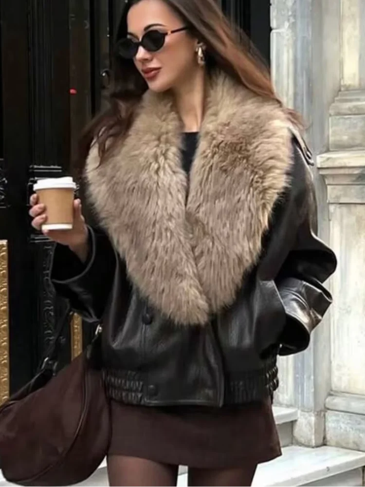 Women Fur Collar Faux Leather Jacket Pebbled Pu Cropped Coat Double Breasted Epaulet Loose 2026 Vintage  Autumn Trendy Outerwear