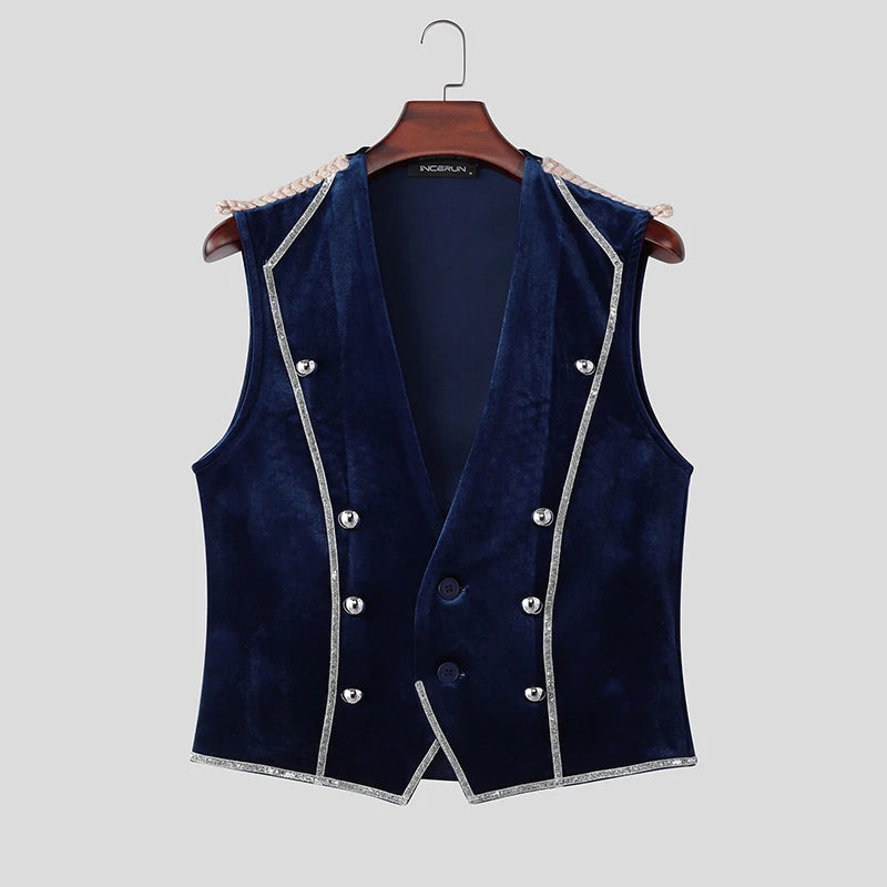INCERUN Men's Vests Velour Patchwork Lapel Sleeveless Button Male Waistcoats Elegant Streetwear Fashion Casual Vests For Man
