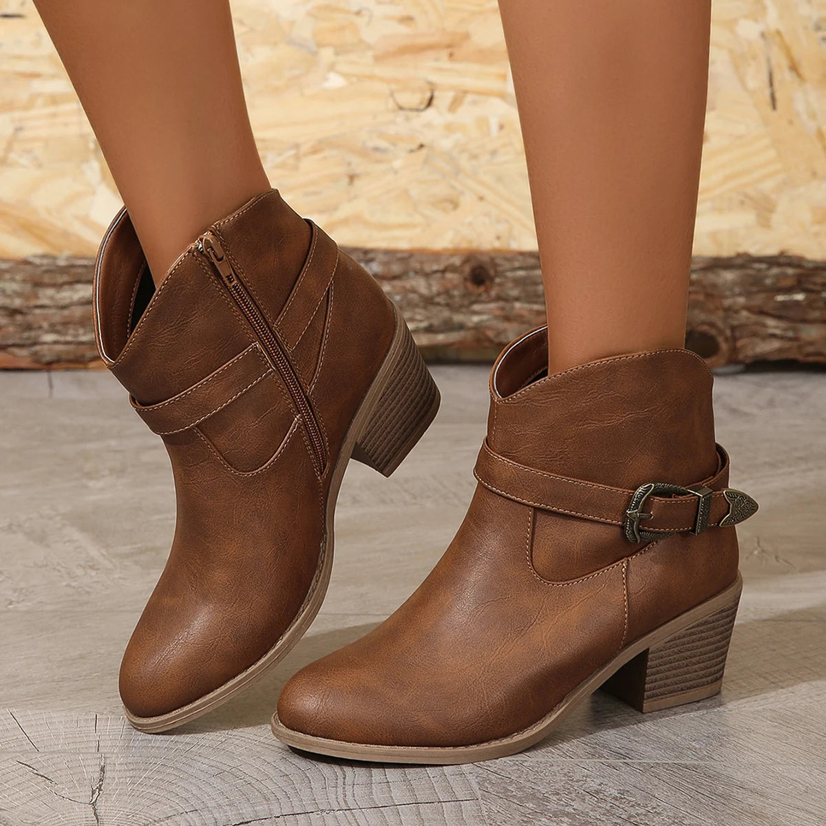 Europe and the United States Fashion Boots PU Brown Side Zipper Metal Buckle with High-Heeled Low Boots