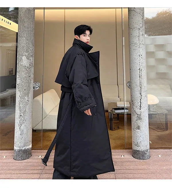 Winter Thickened Long Down Jacket Man's Belt Design Korean Warm Over The Knee Fashionable Long Sleeve Solid Color Cotton Coats