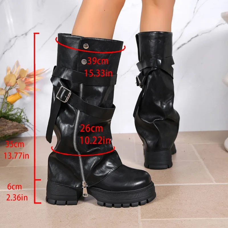 Platform Chunky Sole Women Knee High Boots Buckle Strap Side Zipper Shoes Autumn Winter Vintage Ladies Non Slip Long Boots