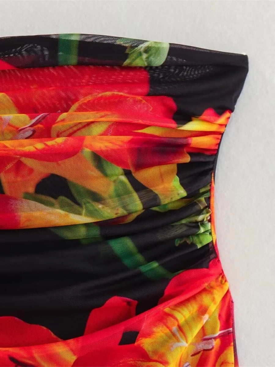 Sexy Strapl Pleated Slim Fit Print Dr Street Sle One oulder Net Wrap around Bodycon Long Skirt for Women Summer 2024