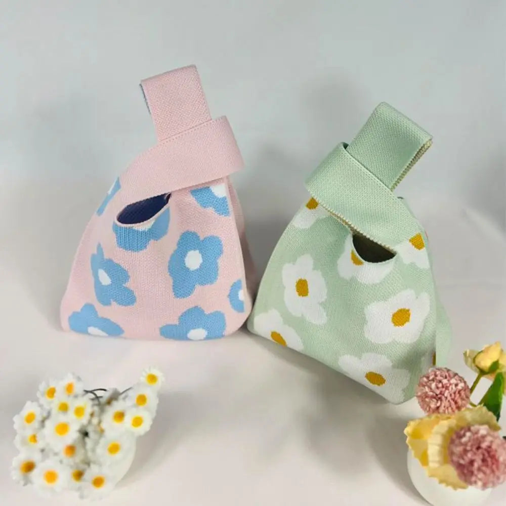Casual Knitted Knot Wrist Bag Handmade Flower Embroidery Tote Bag Large Capacity Shopping Bags Women Girls