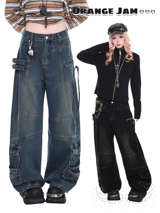 Street Style Orange Jelly Jeans Women's Loose Casual Wide Leg Pants Vintage Feel Comfortable Fit Spring Season Ladies Jeans