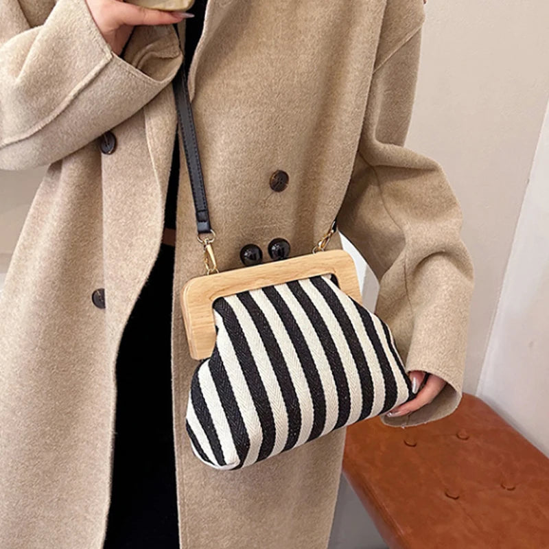 New Black Stripe Canvas Wooden Clip Bag Women Bag Fashion Shoulder Bag Crossbody Bag