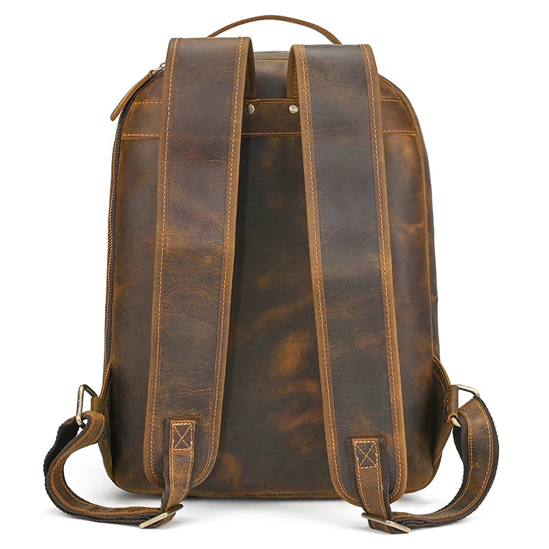 Luufan Men's Retro Crazy Horse Leather Backpack Brown Genuine Leather Rucksack Brown 14 Inch Laptop School Bag