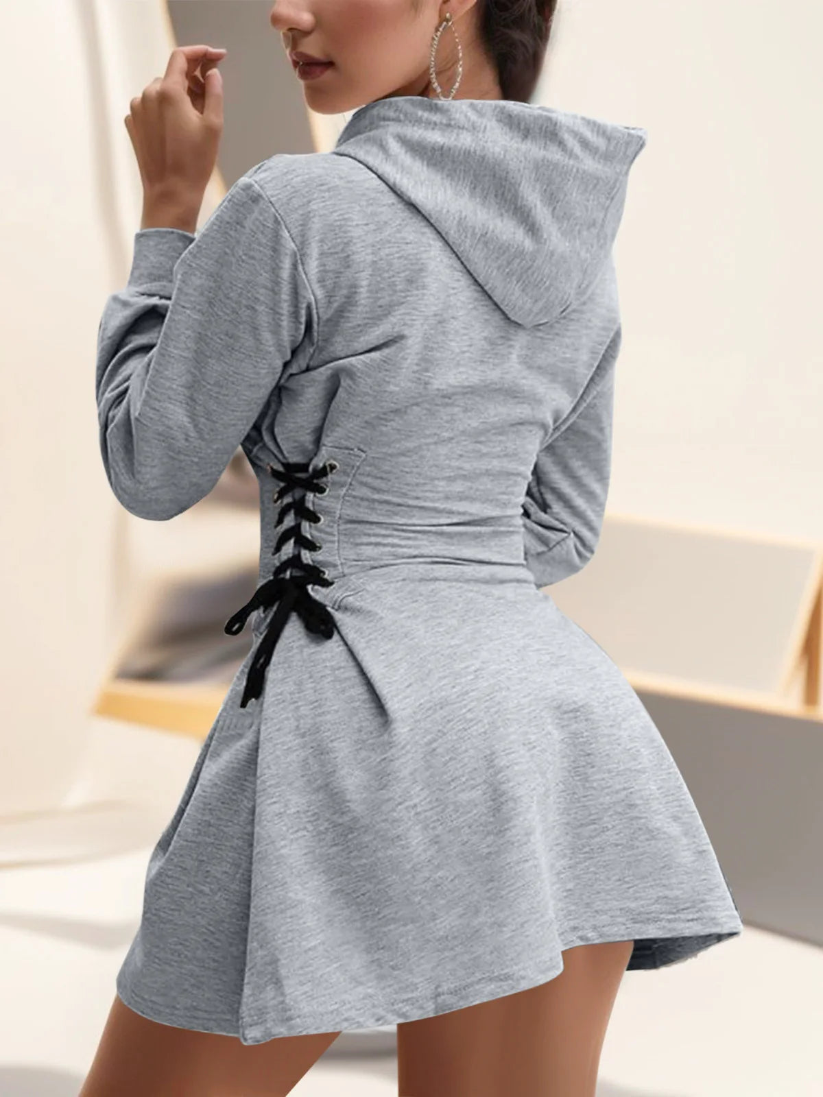 woman Women's Clothing Hoodies Sweatshirts Women's slim fit waist cinching strap drawstring long hooded sweatshirt Sweatshirts