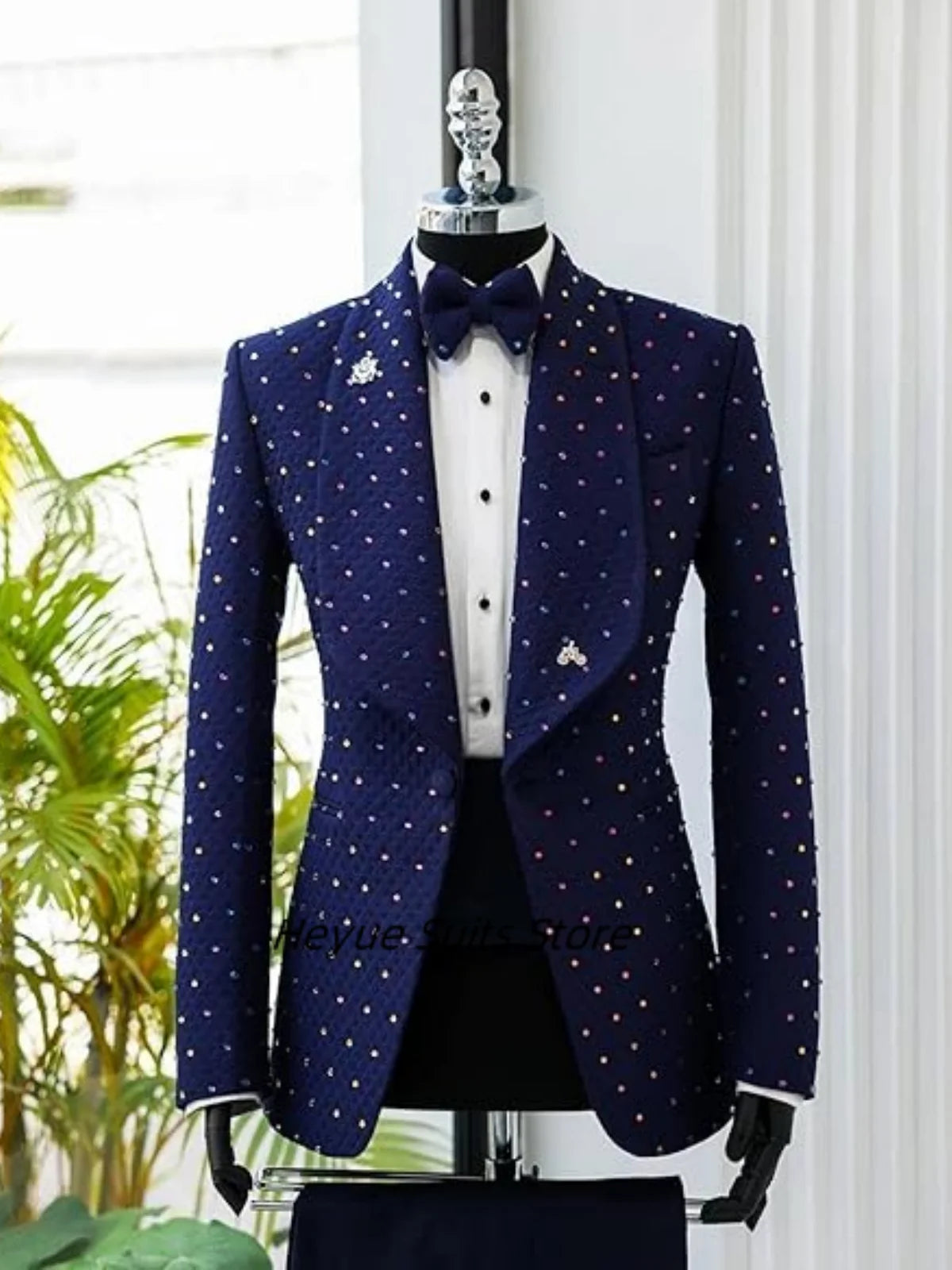 Slim Fit  Rhinestones Men Suits Fashion Customized Groom wedding Party Tuxedos 2 Picecs Sets Elegant Male Blazers Costumes Homme
