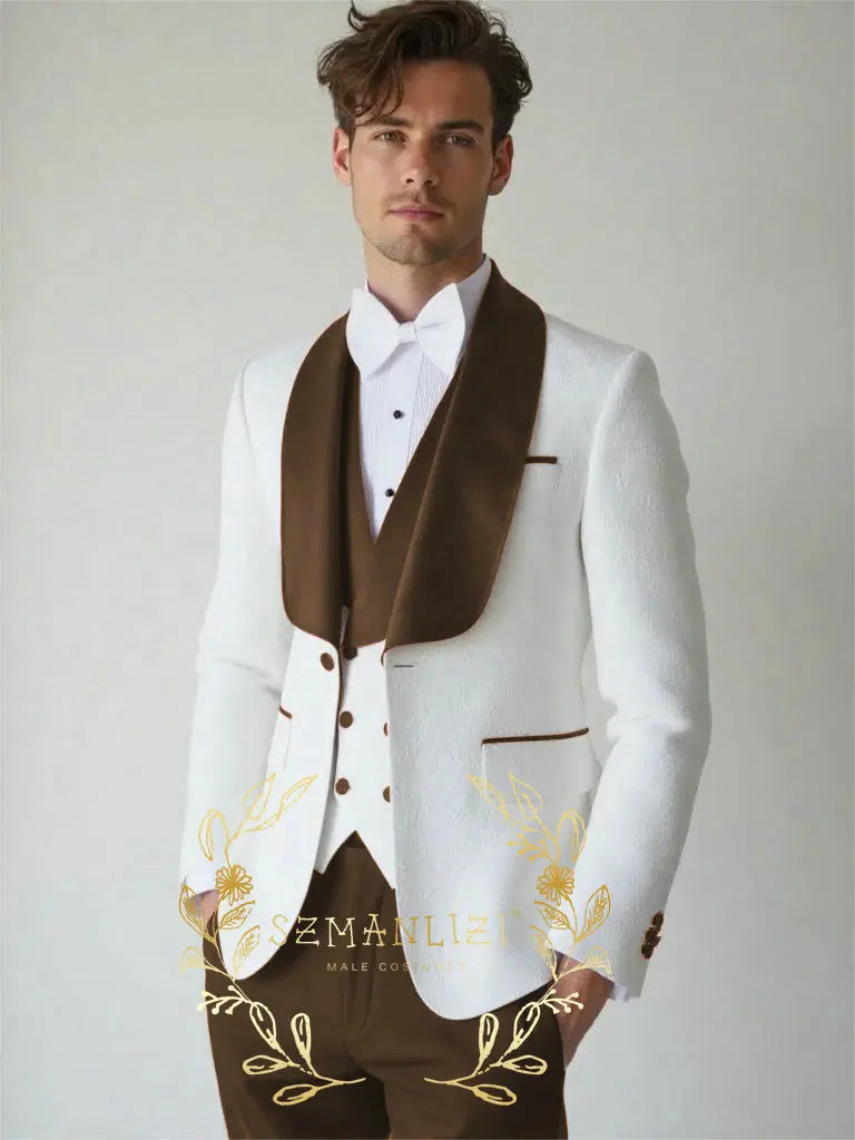 White Floral Wedding Men's 3-piece Suit Set (Jacket Pants Vest) Groom Tuxedo Formal Blazer Elegant Groomsmen Suit for Men