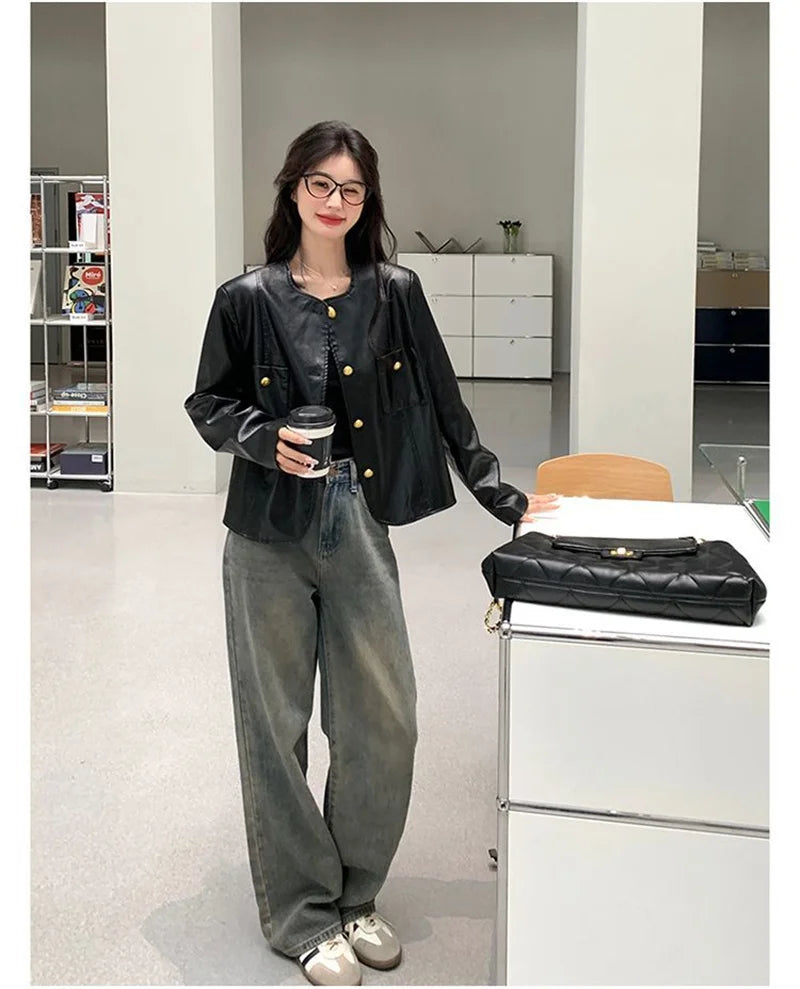Small Fragrance Leather Jacket Women's Spring Autumn 2026New PU Leather Coat Lady Short High Sense Outerwear Popular Female Tops
