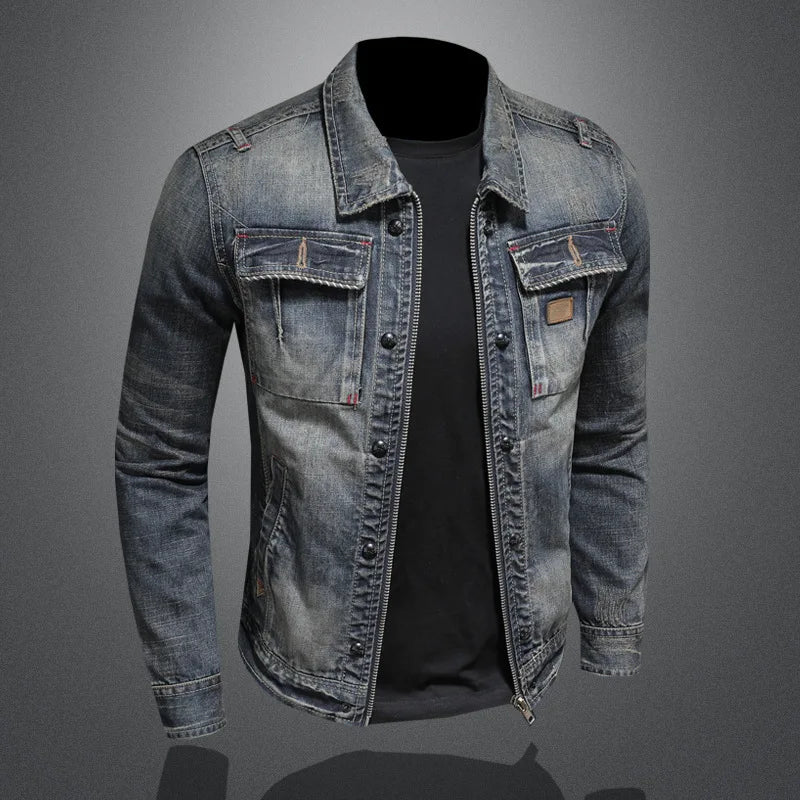 Cross-Border Foreign Trade European Size Personalized Zipper Motorcycle Men's Turn-Down Collar Denim Jacket Trendy Retro