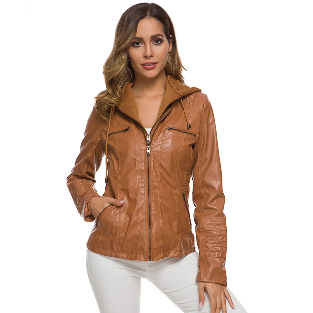 Faux Leather Jacket for Women, Female Winter Coat, Motorcycle Jacket, Faux Suede, PU Zipper Hoodies, Outerwear
