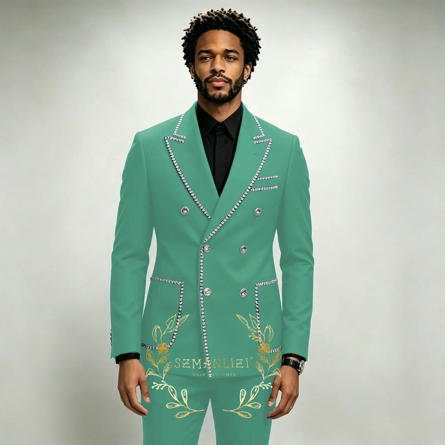 Luxury Men's Suits 2 Pieces Royal Blue Crystals Peaked Lapel Double Breasted Groom Wedding Tuxedo Wear Formal Party Prom Suits