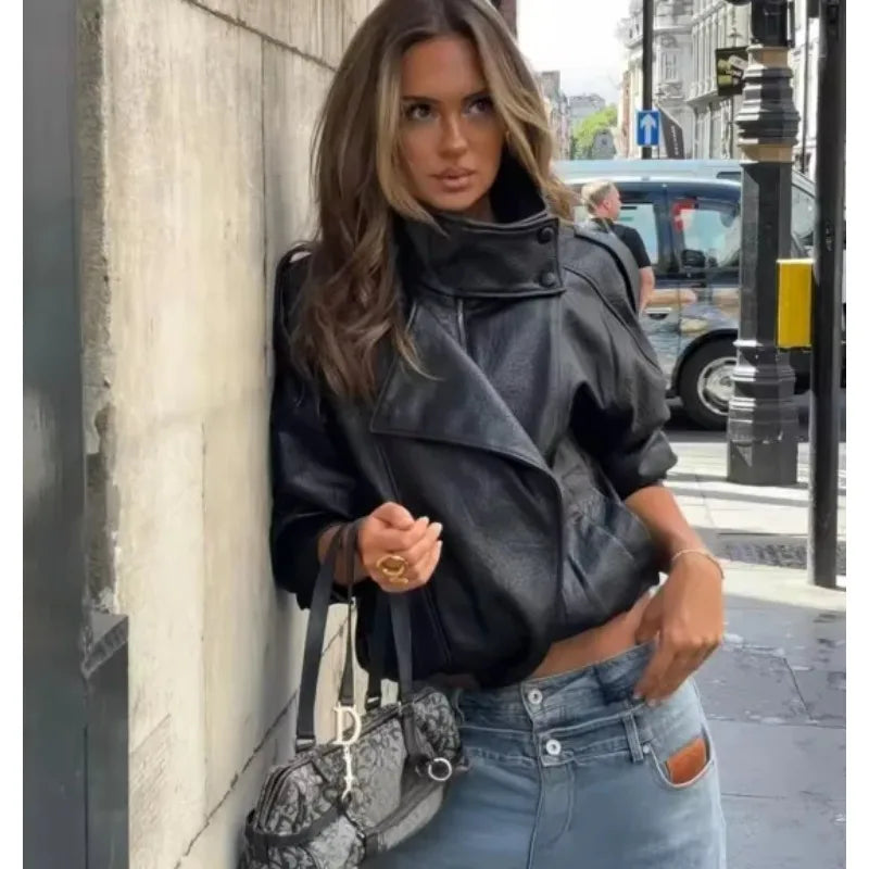 Women's 2026 Autumn New Classic Commuter Style Black Long Sleeve Pebble Faux Leather Motorcycle Fashion Jacket