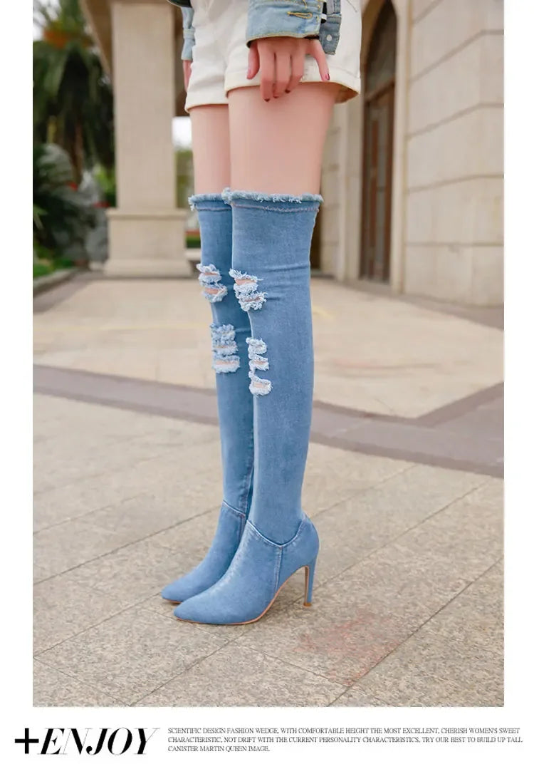 Summer Autumn Thigh High Boots Women Fashion Peep Toe Over The Knee Boots Blue Denim Jeans Zipper Long Boots Shoes Ladies