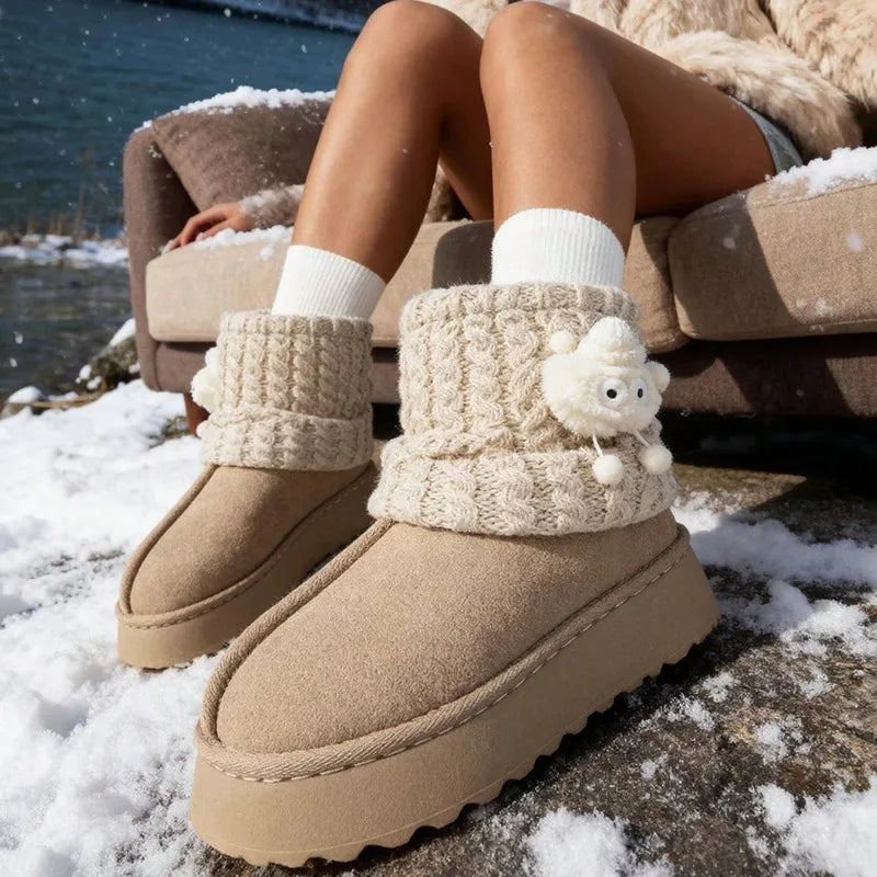 Winter Cute Warm Thick-Sole Comfortable Women's Boots Plush Lining Short Tube Slim Skid-Proof Knitted Sock Snow Boots