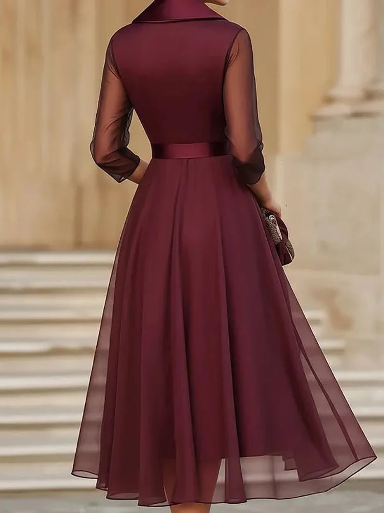 Spring Summer Mesh Patchwork Simple Maxi Dress Women V Neck Three Quarter Sleeve Chic Lace-Up Holiday Streetwear Dress Vestidos