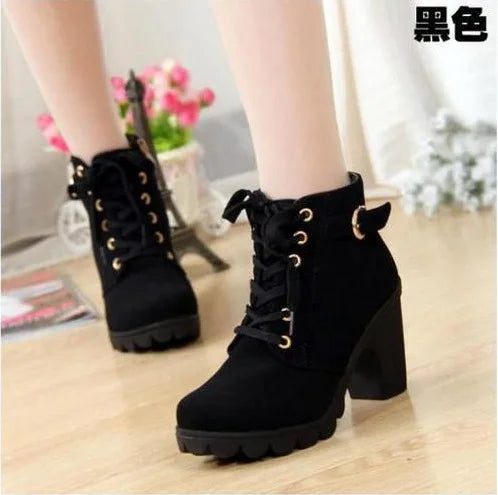 Boots Women Shoes Women Fashion High Heel Lace Up Ankle Boots Ladies Buckle Platform Artificial Leather Shoes Bota Feminina 2024