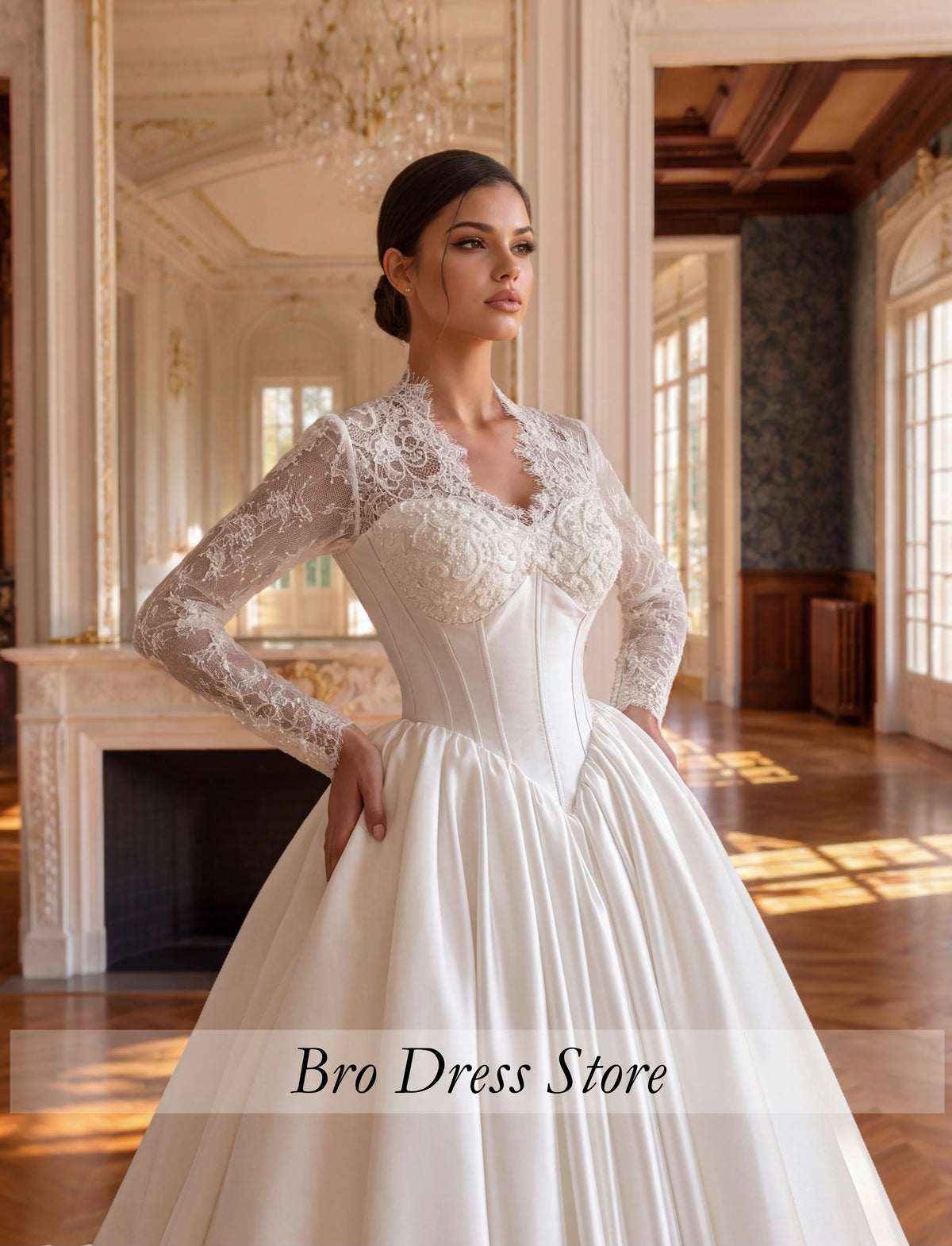 Customized Royal Princess Wedding Dress Satin Ball Gown Lace Long Sleeves Corset V Neck Luxury Bridal Gown Vestido de Novia