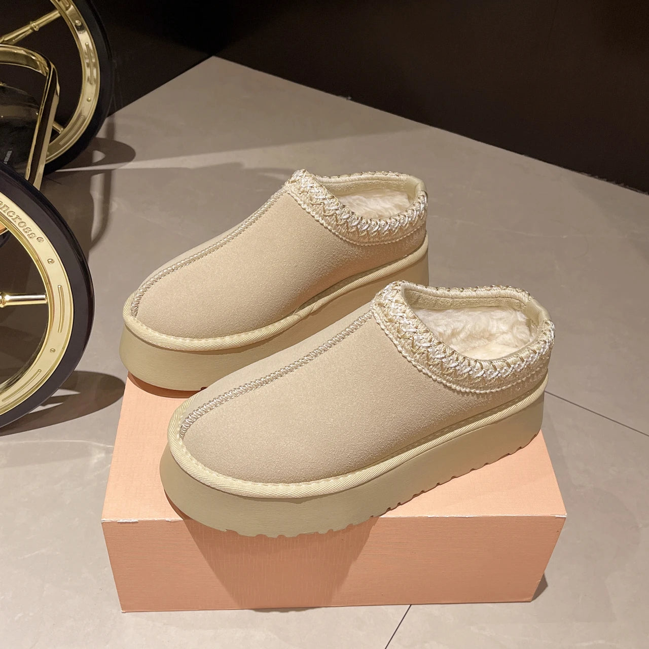 Snow Boots Women 2026 Winter New Short Cashmere Warm Thick-soled Shoes Without Heels Wool Half Slippers Women's Cotton Shoes