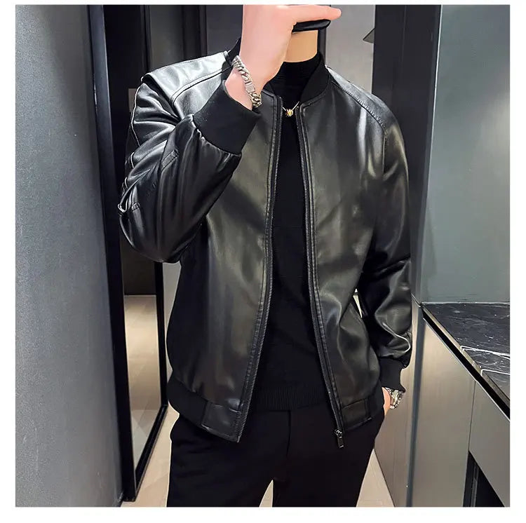 New Men's Faux Leather Jacket Motorcycle Biker Coat Stand Collar Zipper Slim Fit Casual Streetwear Outerwear