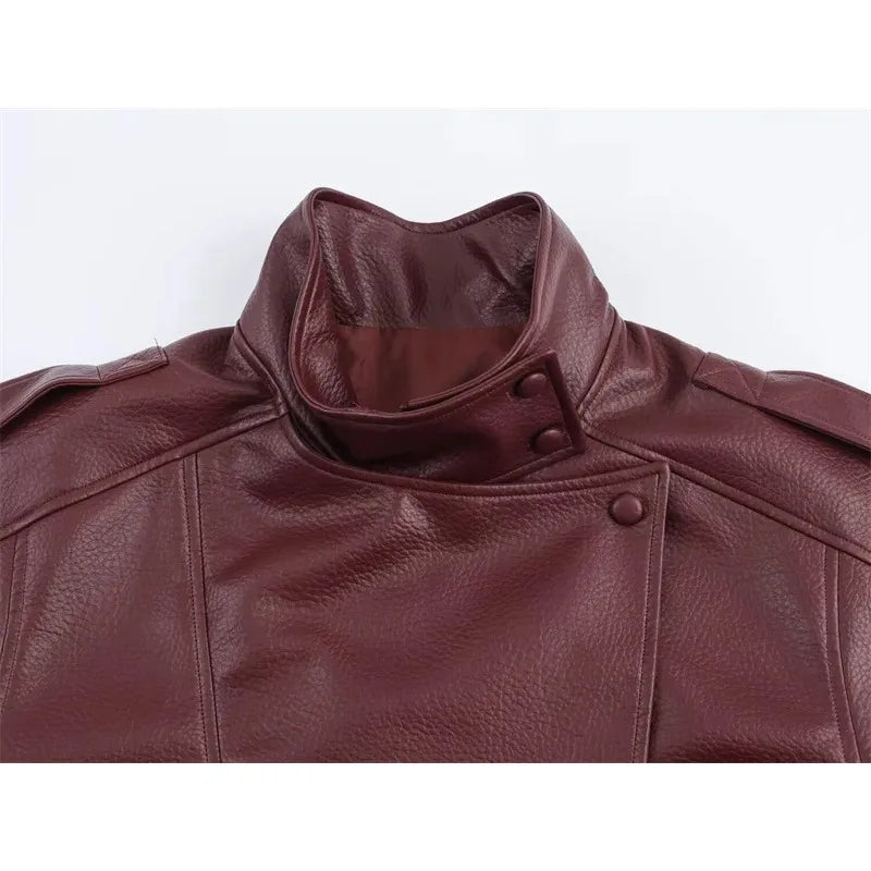 Women's 2026 Autumn New Classic Commuter Style Black Long Sleeve Pebble Faux Leather Motorcycle Fashion Jacket