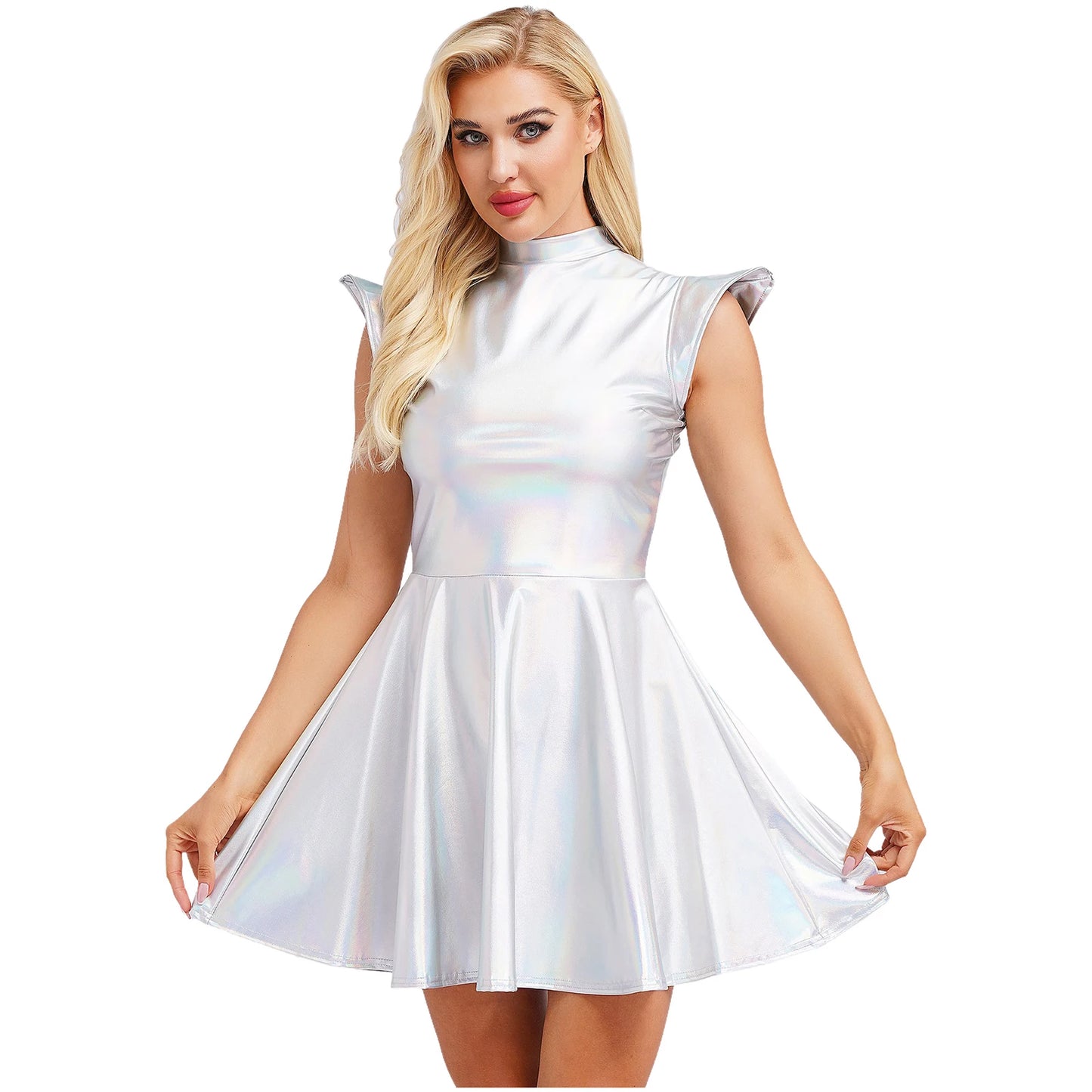 Womens Astronaut Alien Outer Space Alien Robot Cosplay Dress Halloween Cutie Costume Sequin Metallic Shiny A-line Mini Dresses
